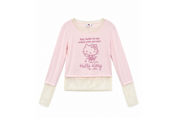 【OLD ORDER】 Lace Layered Kitty Design Long T-shirt / Pink